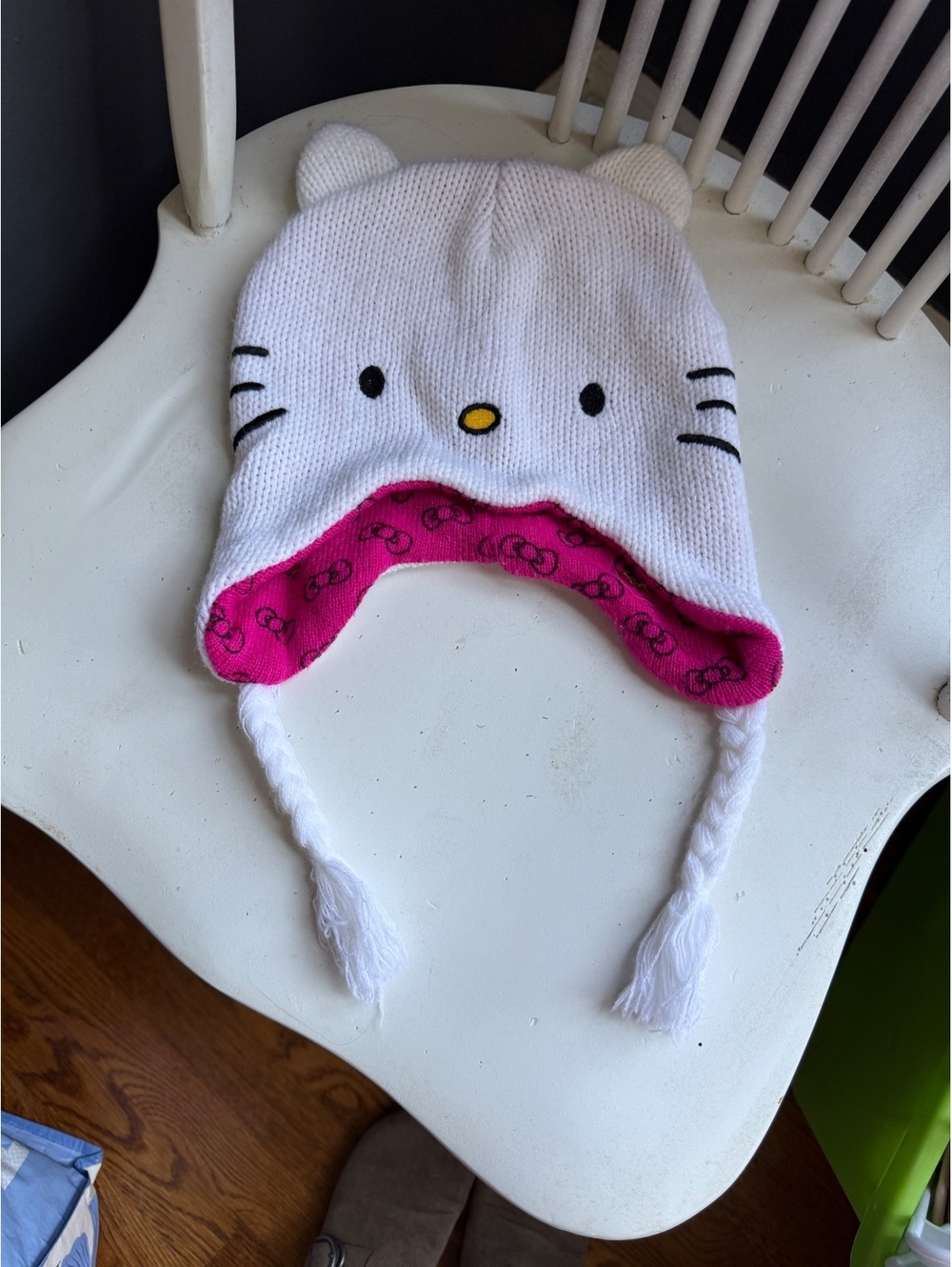 Hello Kitty White Knit Earflap Hat with Pink Lining